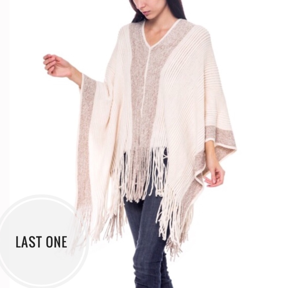 Cream Color Block Fringed Poncho - Picture 2 of 5